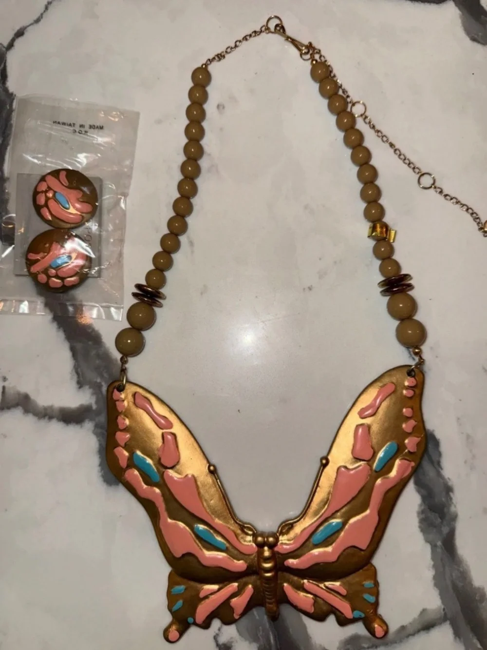 Vintage Oversized Butterfly Statement Necklace +Earrings Set Y2K 90s Retro